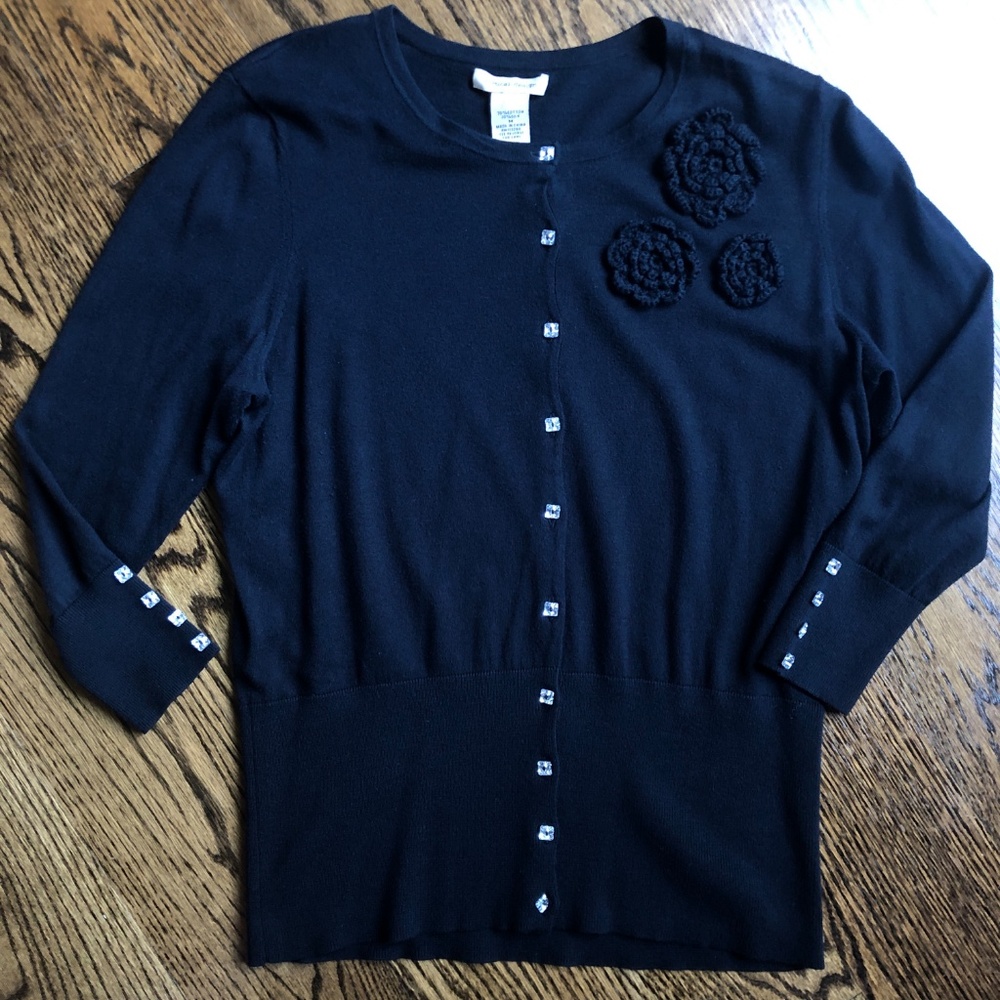Like New Crystal Button, Fitted Black Cardigan, M